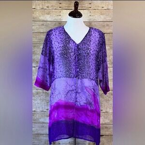 Step In Style Womens 1X Purple Leopard Floral Sheer Button Front Tunic Top